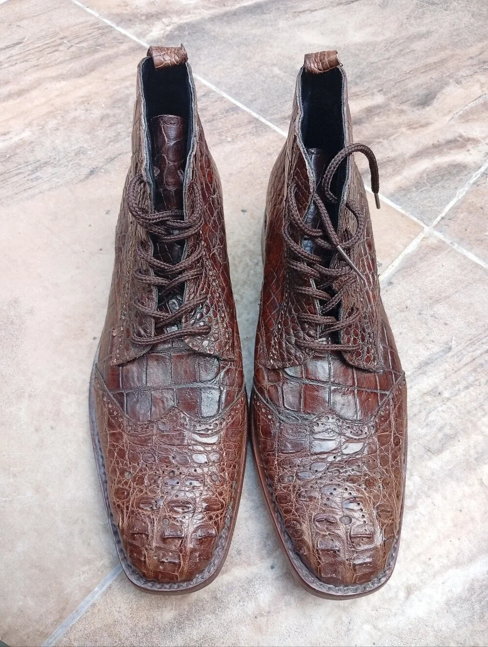 Men's Brown Crocodrile Leather Lace-Up Boots
